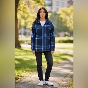 Natural Reflections Blue Plaid Fleece Quarter Zip Pullover Womens Large